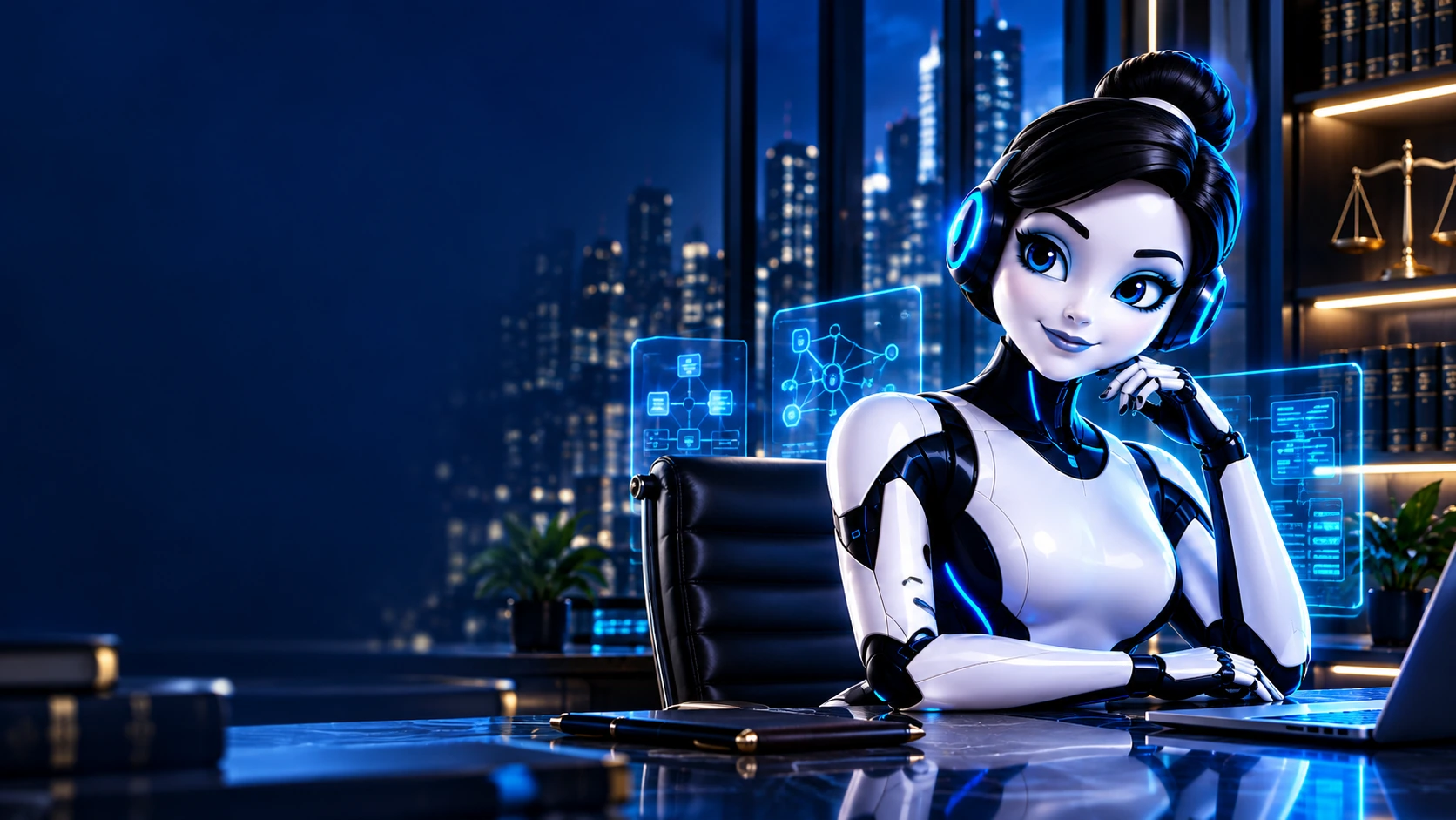 Mascote IAra em um escritório jurídico com fluxos digitais